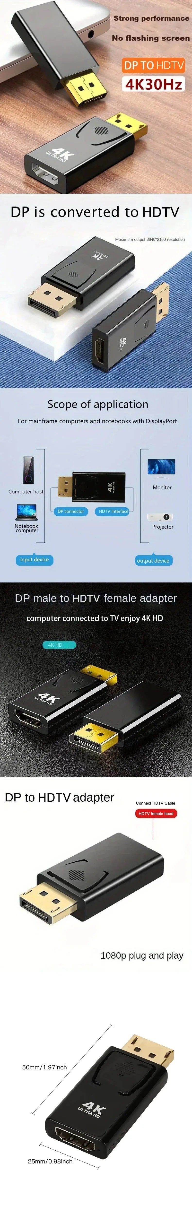 4K 30Hz/60Hz DP DisplayPort to HDMI-compatible Adapter Converter Display Port DP to HDTV Adapter Video Audio Laptop PC Laptop