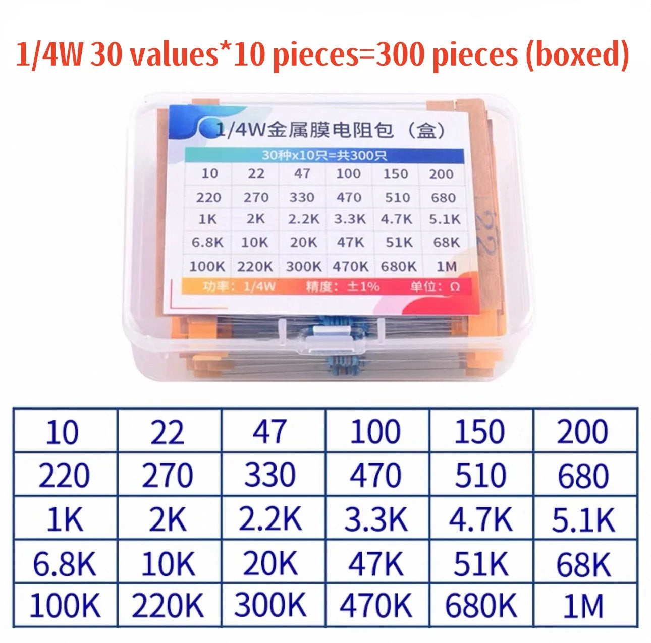 300pcs/600pcs/820pcs 1% Resistor Set Resistance 1/4W Metal Film Resistors Kit 10Ohm ~1M Ohm 30Values Electronic Components Kit