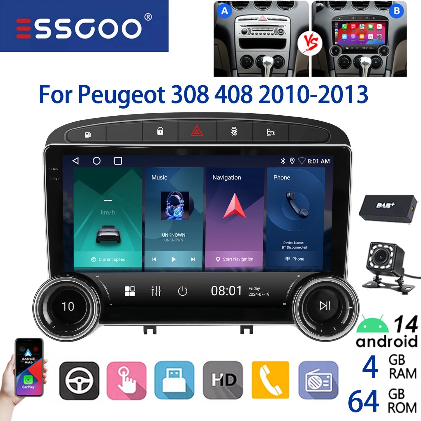ESSGOO 2DIN Android 14 For Peugeot 408 RCZ 308 10-13 Car Radio Wireless Carplay Android Auto 10" Display GPS Navi WIFI FM RDS BT