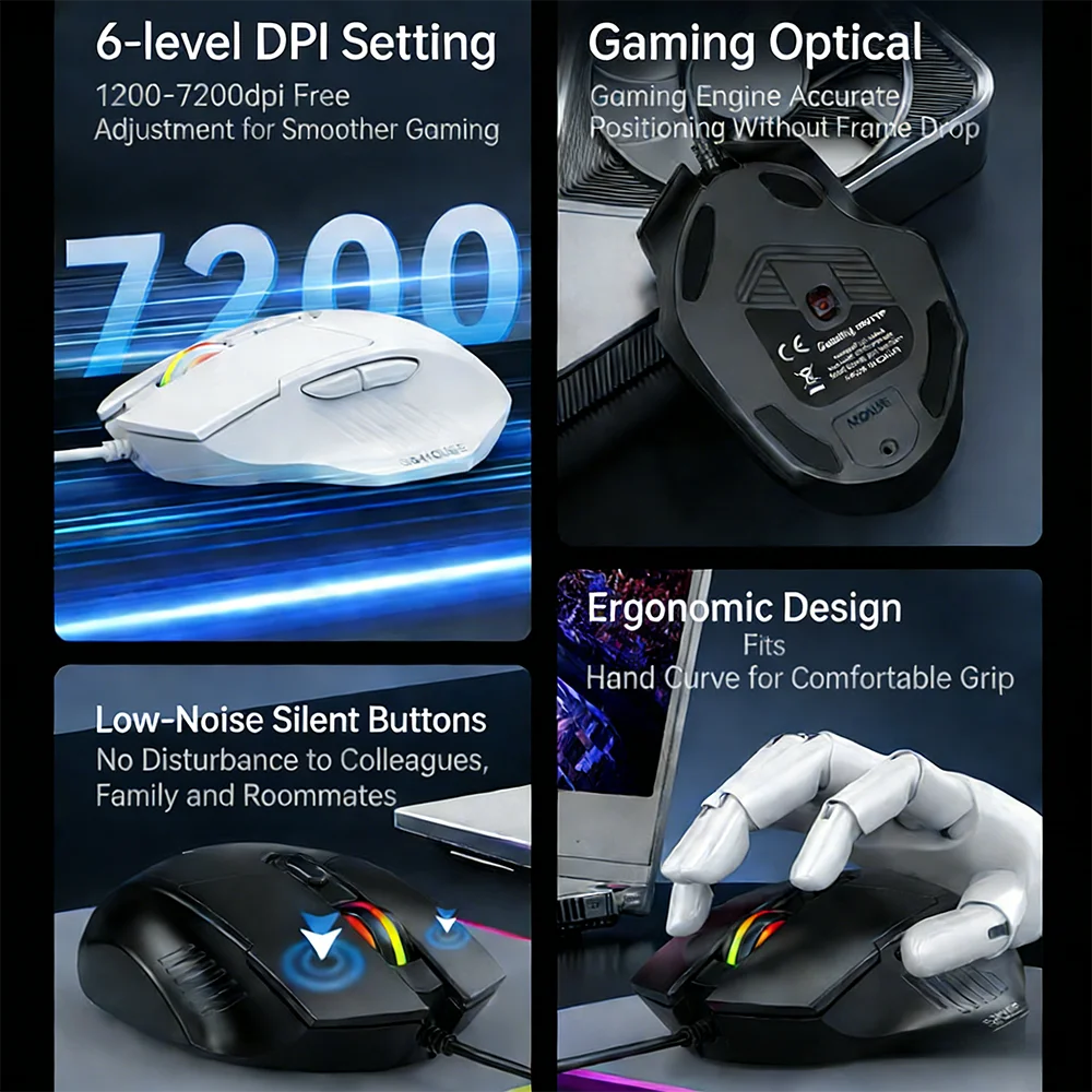 KEBIDUMEI RGB Wired Gaming Mouse 7200DPI 6-Level Adjustable 6 Buttons Ergonomic Silent Mice Plug and Play for Laptop Win MacOS