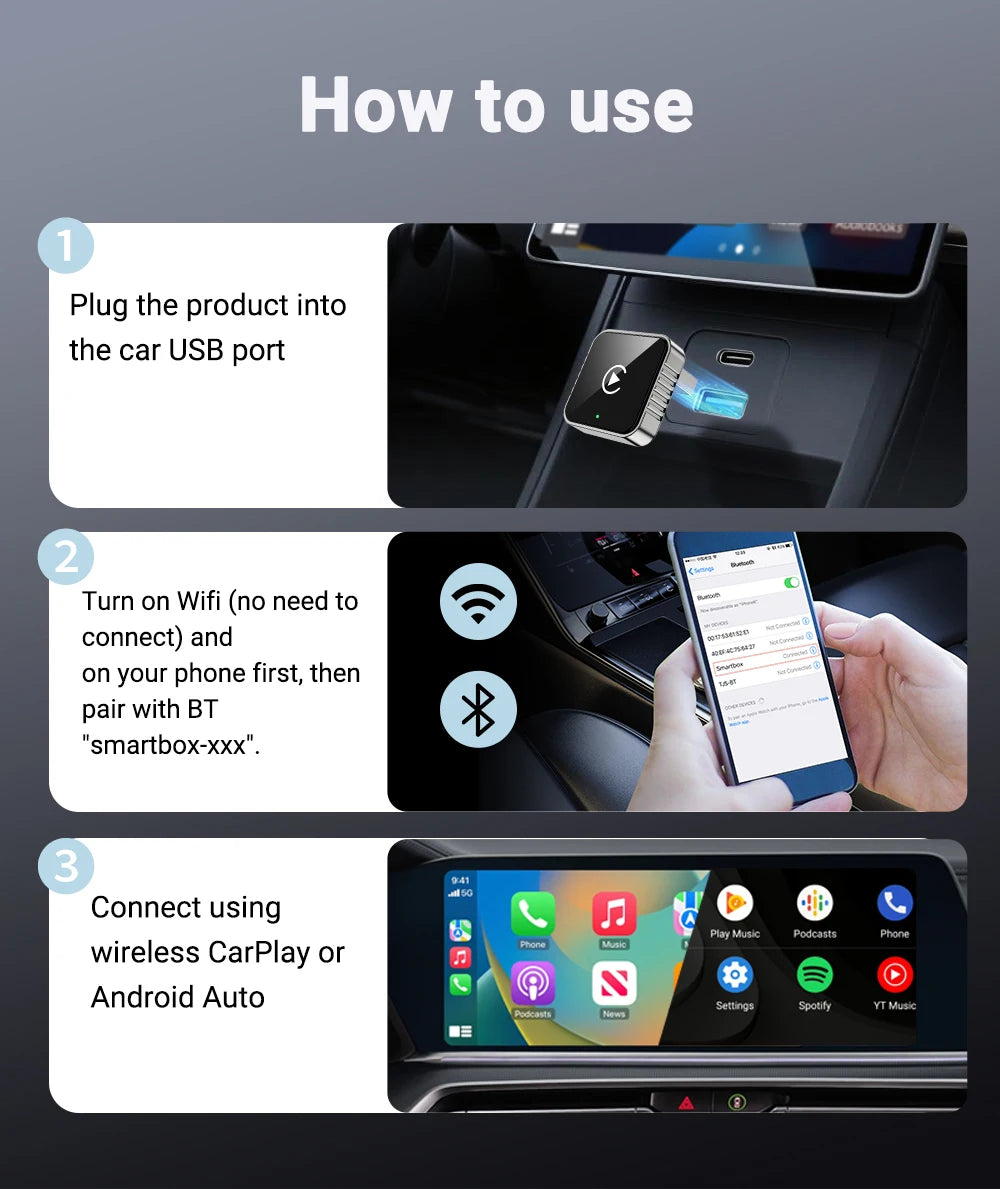 XUDA 2 in 1 Wired to Wireless CarPlay Android Auto Adapter for OEM Car Stereo With USB Dongle Mini Box Plug and Play Bluetooth