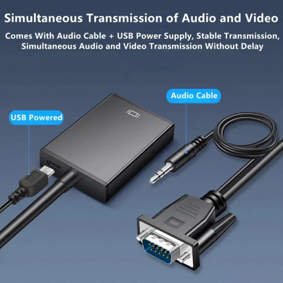VGA to HDMI-Compatible Converter Adapter with 3.5mm Audio Video Cable VGA Input HDMI Output for Computer Laptop TV Projector