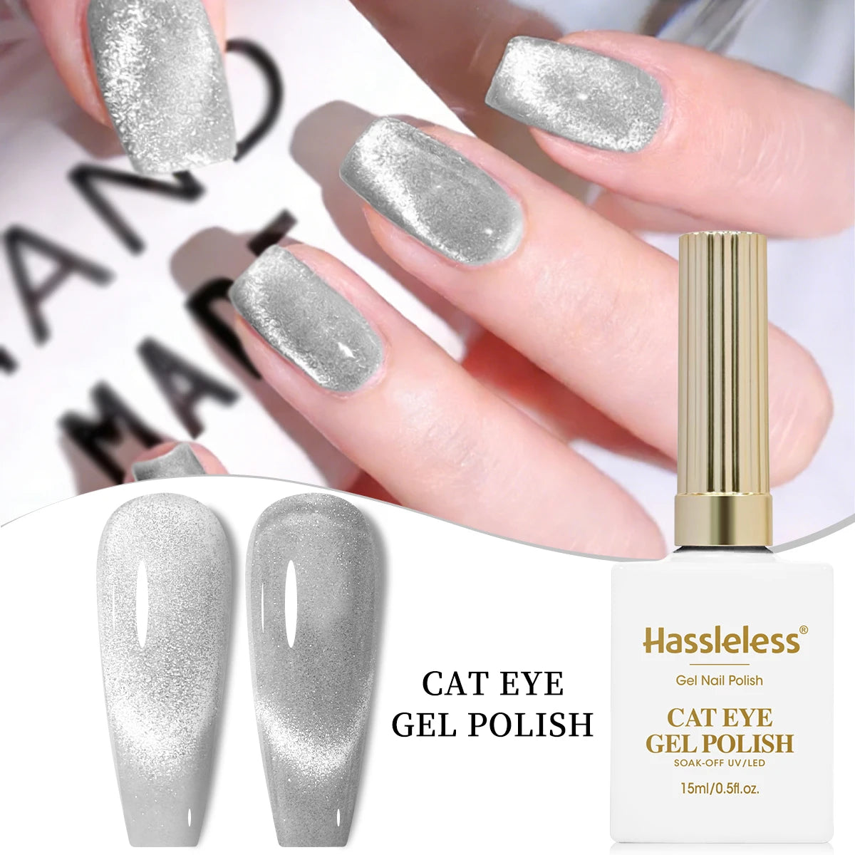 Hassleless  15ml Universal Silver Cat Eye Gel Polish. Glittery, Magnetic. Needs UV/LED Lamp. For Home & Salon DIY