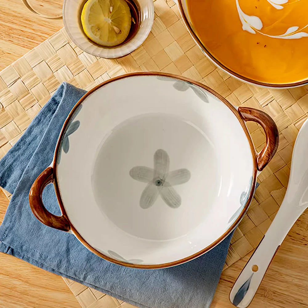 1500ml Household Noodle Bowl Ceramic Soup Bowl With Handle Salad Pasta Bowl Kitchen Tableware Microwave Oven Bakware