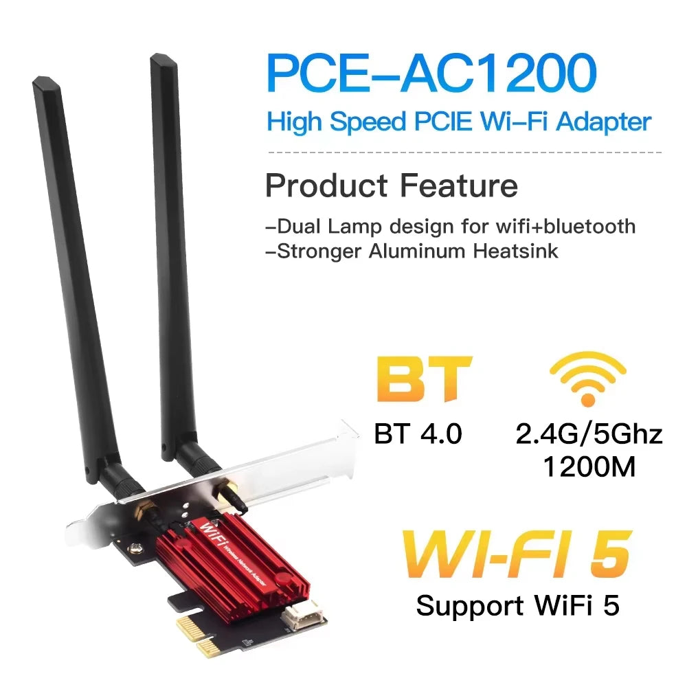 KEBIDUMEI WiFi 5 PCI-E Wireless Adapter Network Card AC1200 Dual Band 2.4G/5GHz 802.11AC For Bluetooth 4.0 Desktop Laptop Win11