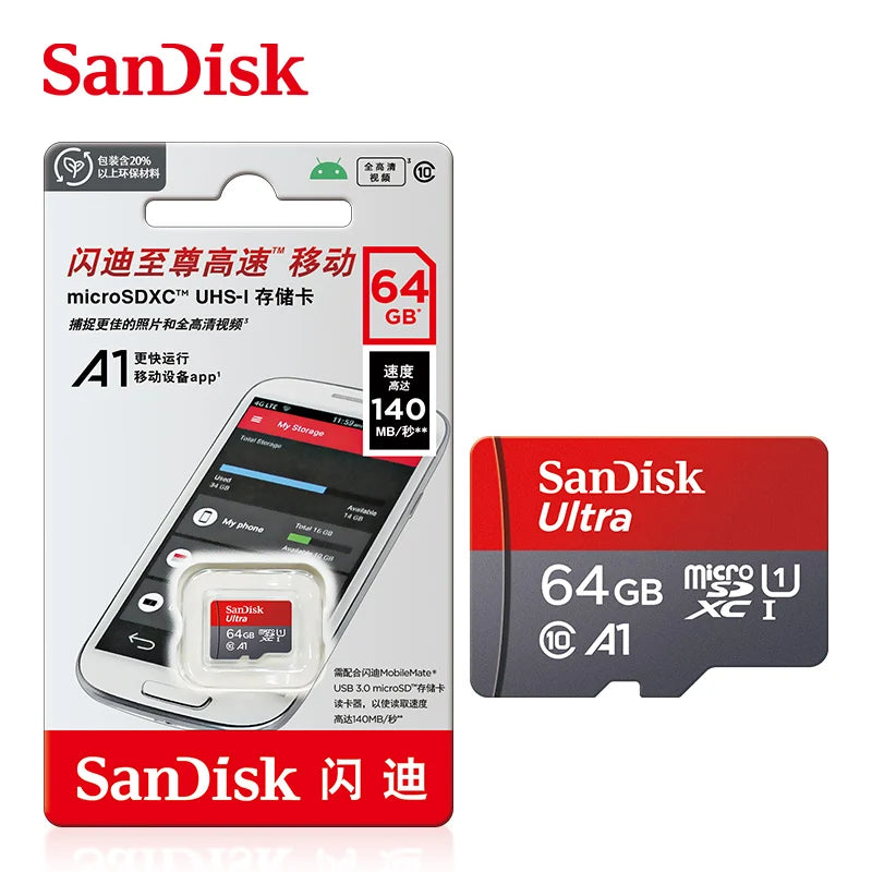 Original SanDisk A1 Memory Card 256GB 128GB 100MB/S 64GB 32GB Micro SD Card Class 10 UHS-1 Flash MicroSD TF + Type-C Card Reader