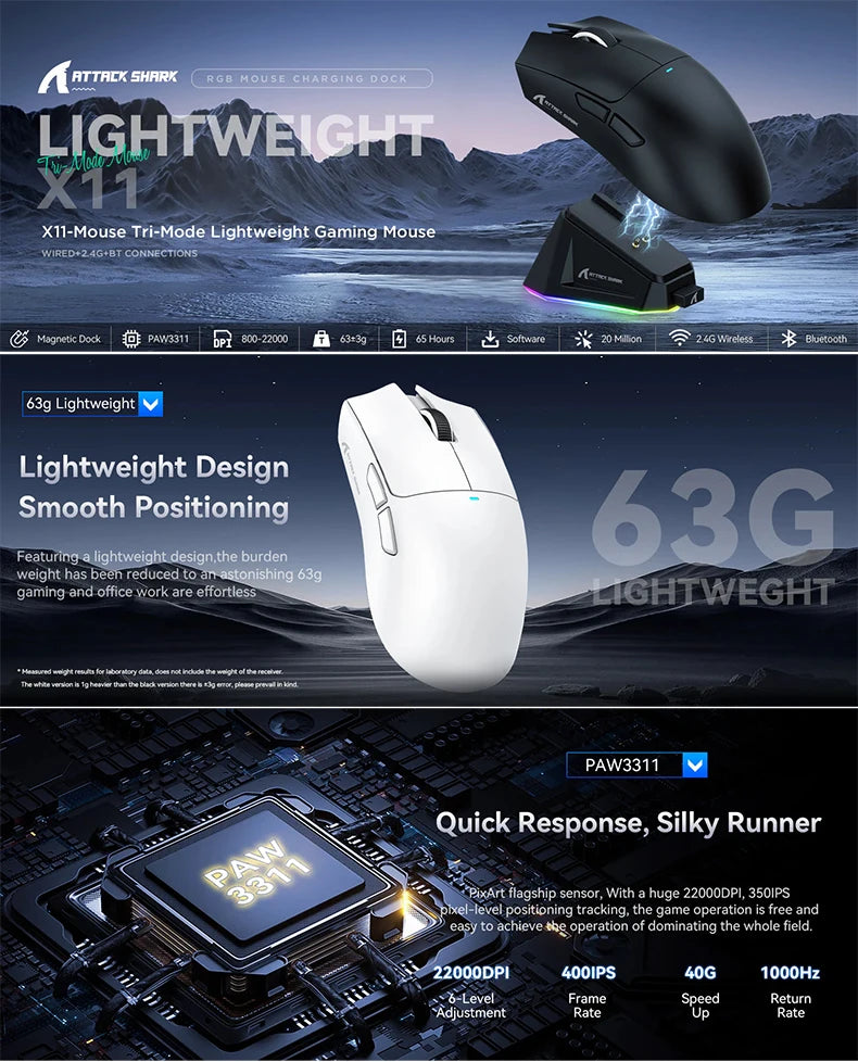 Attack Shark X11 Wireless Mouse,Tri-Mode Connection, PixArt PAW3311, Touch Magnetic Charging Base, Macro Gaming Mouse