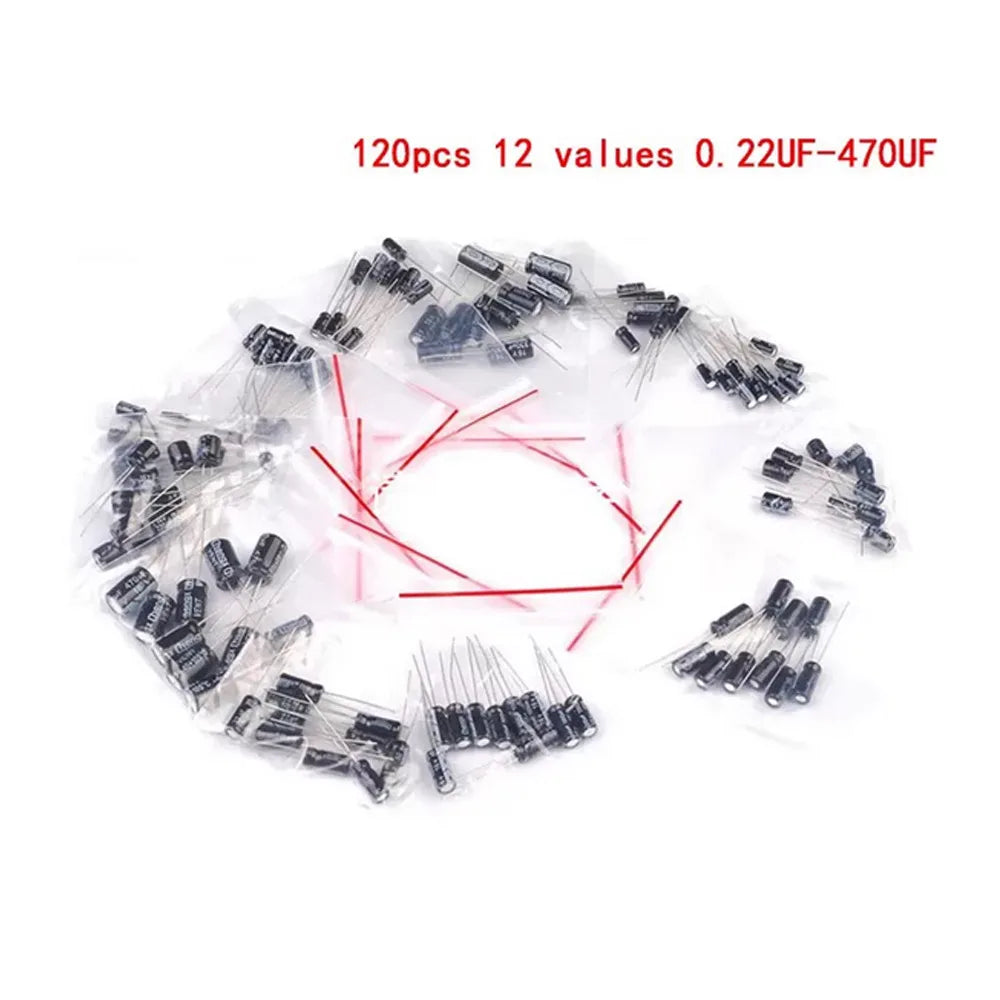 120pcs Electrolytic Capacitor  Aluminum Electrolytic Capacitor Kit 12 Values 1uF-470uF DIP Electrolyte Capacitors