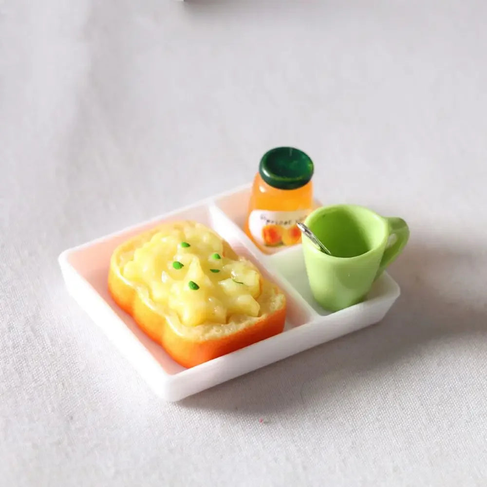 1set Dollhouse MIniature Toast Bread Jam Food Model Dinner Plate Cup Spoon For Doll House Play Kitchen Accessoreis