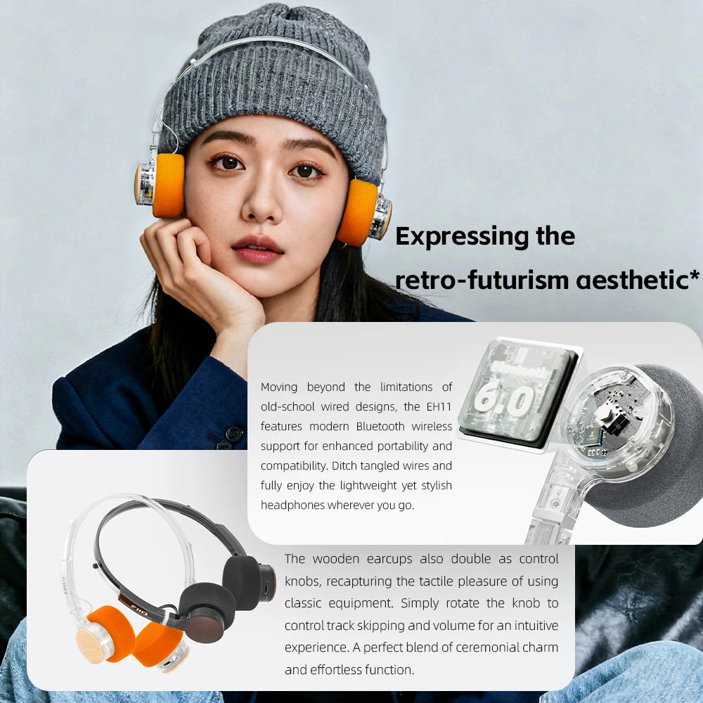 FIIO EH11 On-Ear Bluetooth Headphones, Powerful Bass & LDAC Hi-Res Audio, Lightweight Retro Design, 30H Battery, Dual Device & A
