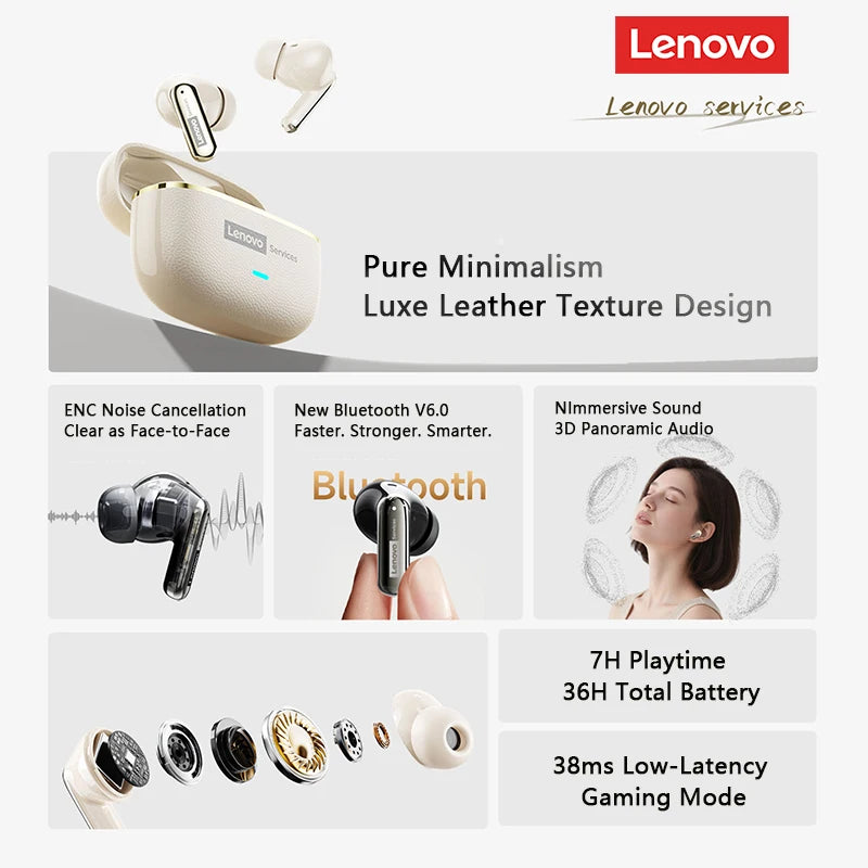 Choice Lenovo LE208 Wireless Bluetooth Leather Earphones Stereo ENC Noise Cancelling Headphone 38ms Low Latency Gaming Headset