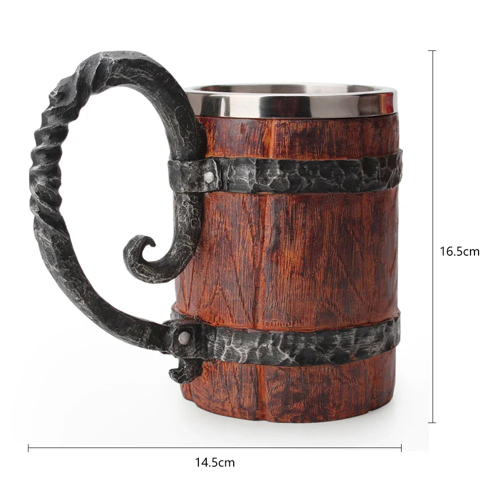 Wooden Barrel Beer Cup Stainless Steel Beer Mug Double Wall Drinking Cups Viking Style Vintage Coffee Mugs Kitchen Supplies