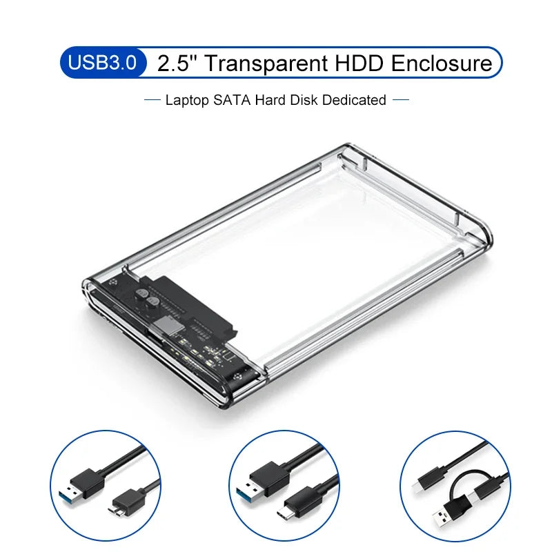 2.5inch SATA SSD Hard Drive Case USB3.0 HDD Enclosure Transparent Design Transfer Speed Mobile External Housing
