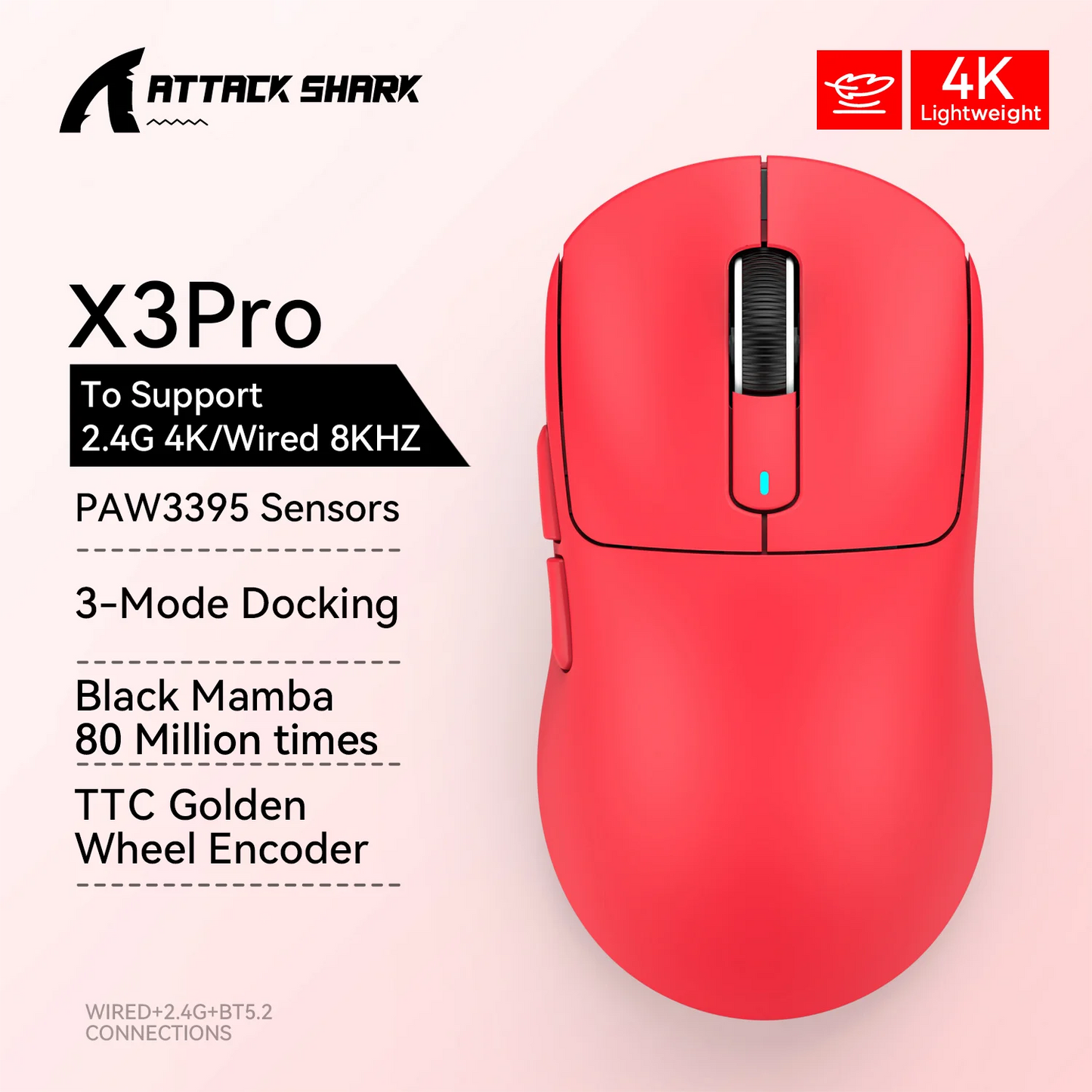 X3 ATTACK SHARK X3Pro Bluetooth Gaming Mouse PAW3395 Sensor TTC Encoder Black Mamba Switch and 1K/4K Hz for Wireless Mouse