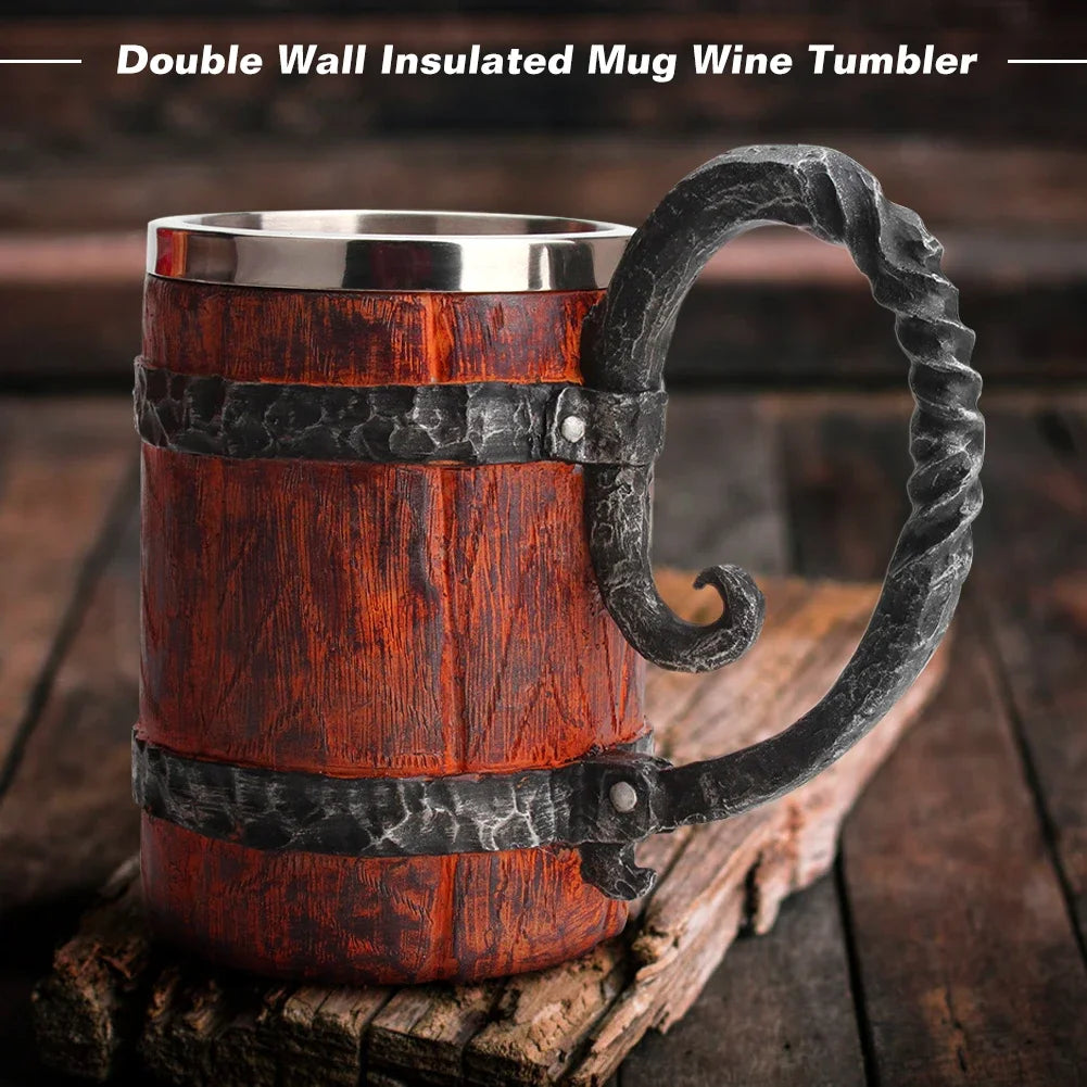 Wooden Barrel Beer Cup Stainless Steel Beer Mug Double Wall Drinking Cups Viking Style Vintage Coffee Mugs Kitchen Supplies
