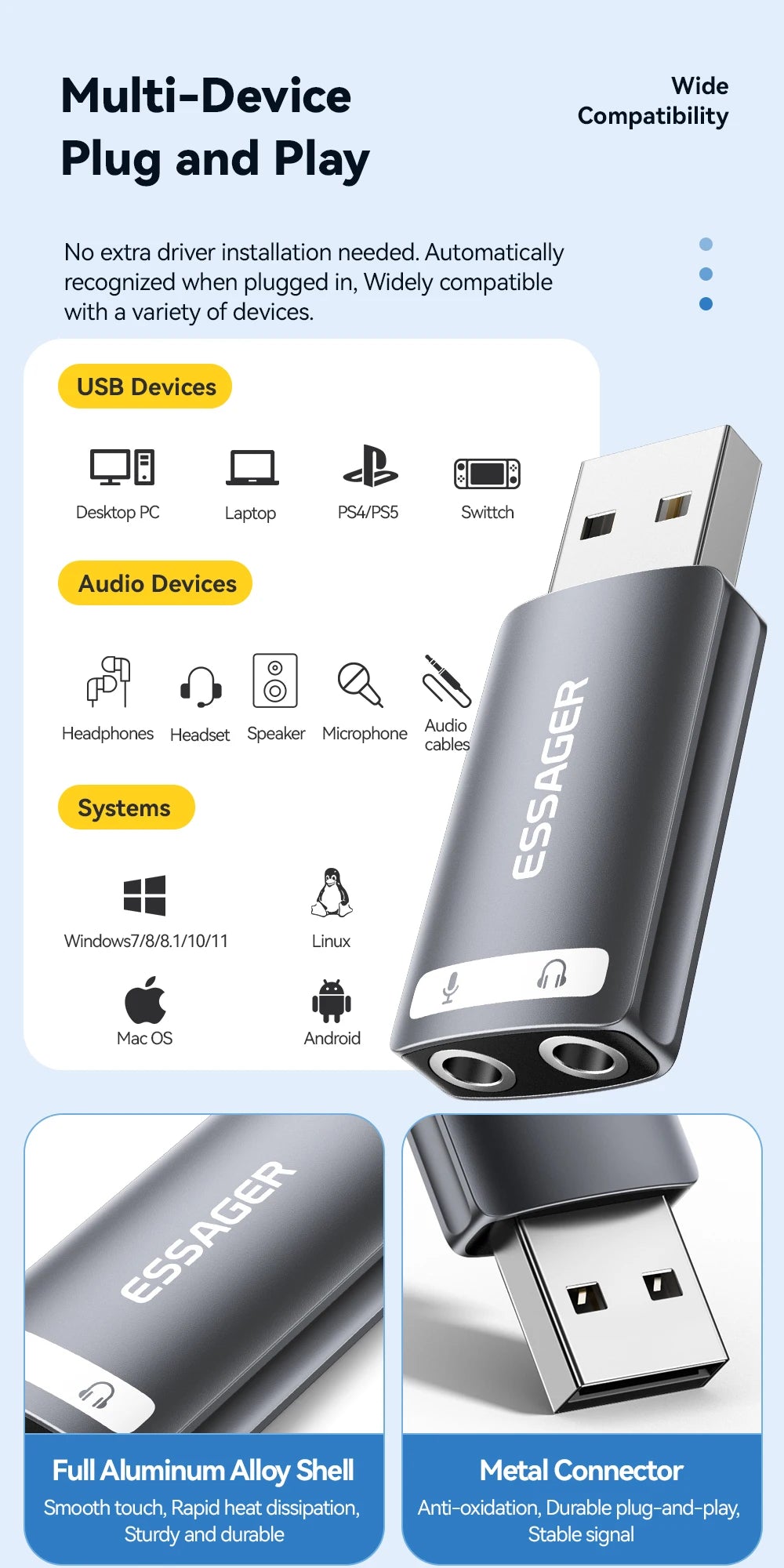 Essager External USB Sound Card To 3.5mm Mic Headphone Jack Stereo Headset Audio Microphone Adapter Speaker Interface For Laptop