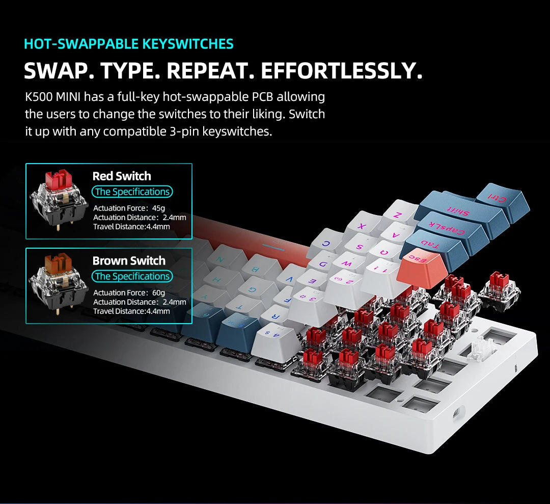 K500-B61 Machenike Mini Mechanical Keybaord 60% Form Factor 61Keys Gaming Keybaord Wired Full Key Hot-Swappable RGB Backlit
