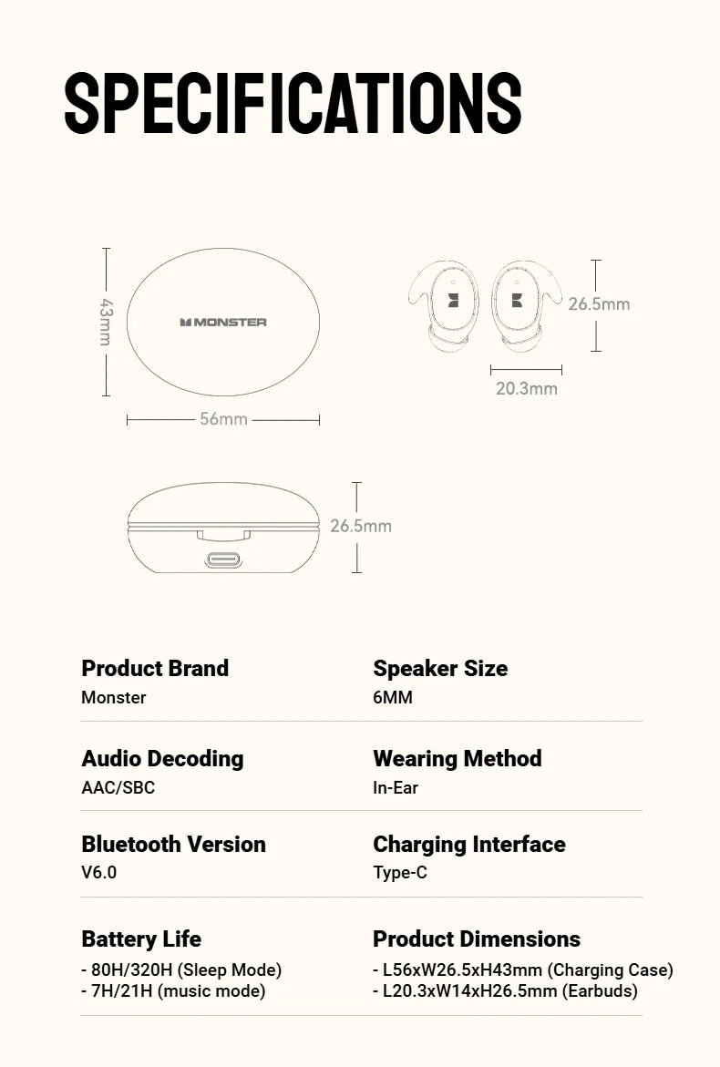 Monster Passive Noise Canceling Sleep Earphone Bluetooth 6.0 Sleep Earbuds for Side Sleepers Hifi Stereo TWS Wireless Headphone