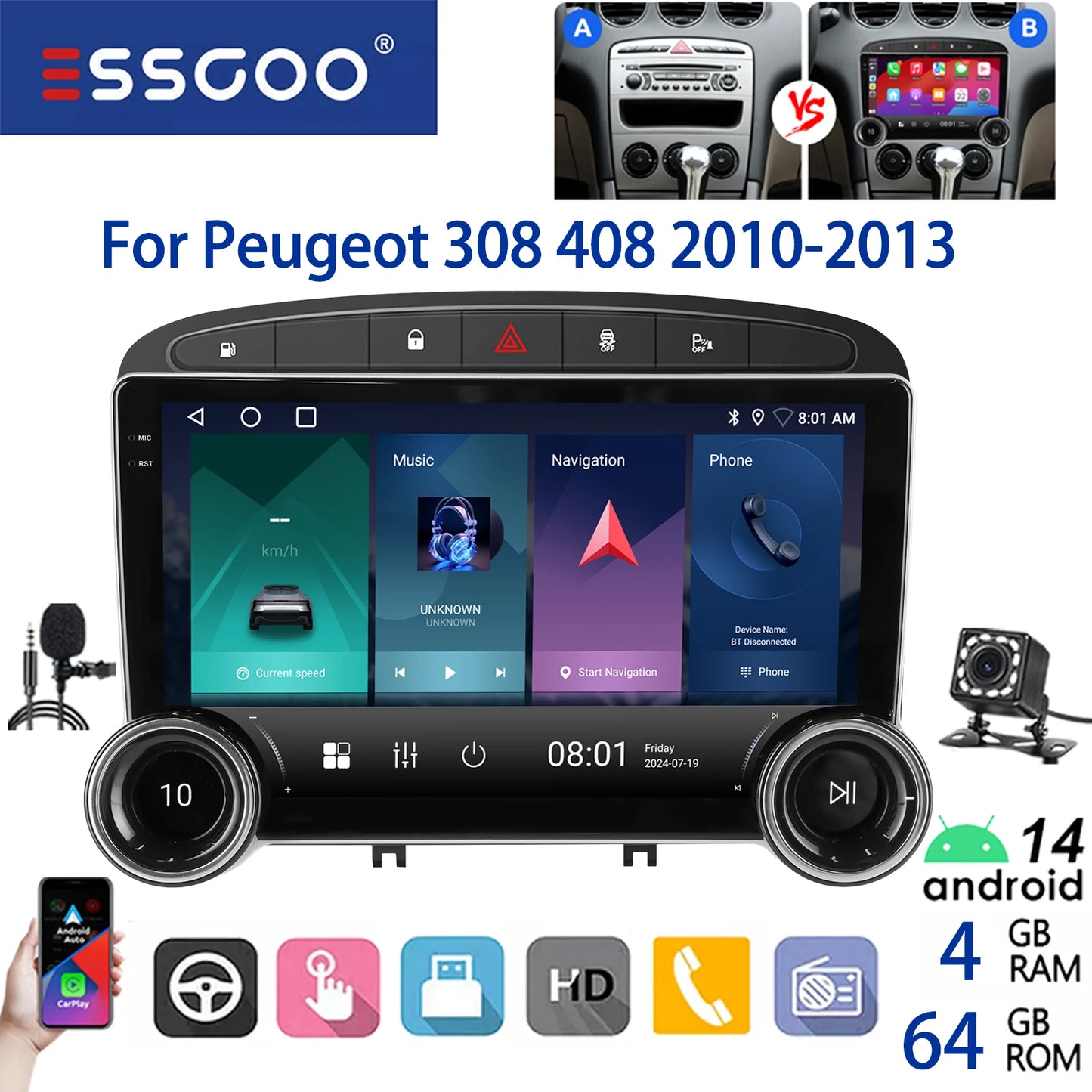 ESSGOO 2DIN Android 14 For Peugeot 408 RCZ 308 10-13 Car Radio Wireless Carplay Android Auto 10" Display GPS Navi WIFI FM RDS BT