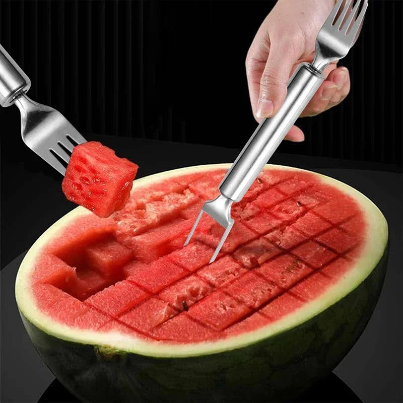 Multi-purpose Portable 2In1 Watermelon Slicer Fork Watermelon Slicer Cutter Knife Stainless Steel Kitchen Fruit Cutting Fork
