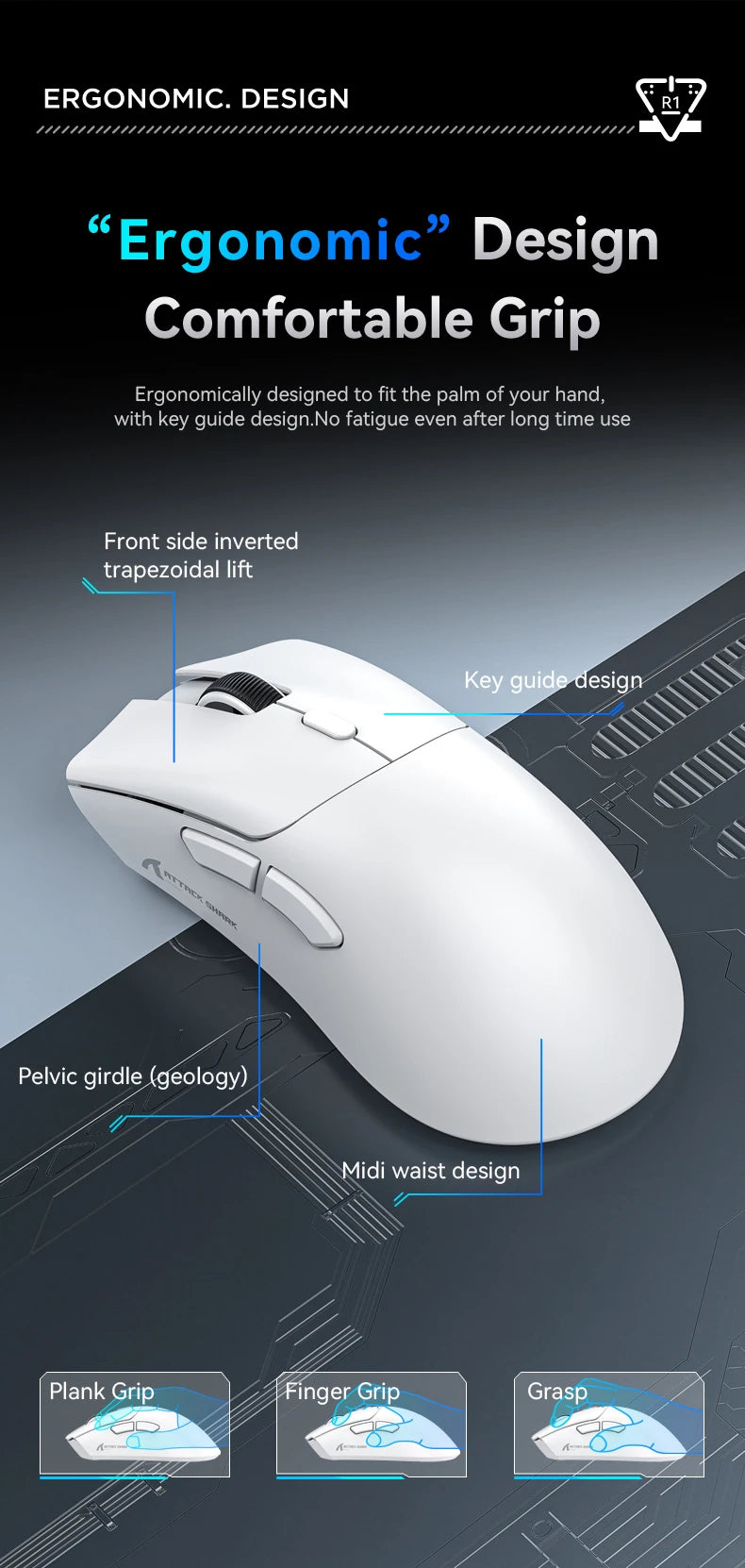 Attack Shark R1 Superlight Mouse ,Bluetooth 2.4G Wireless, PixArt PAW3311 Gaming Sensor 6 Adjustable DPI for Office Game