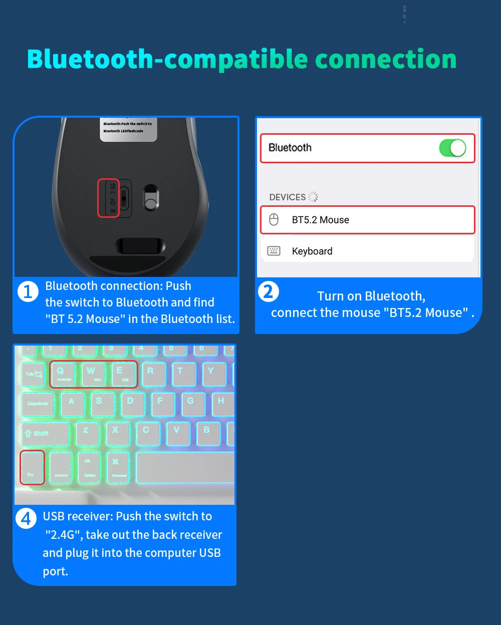 Portable Wireless Bluetooth Mouse Compact Ergonomic 2.4G USB Noiseless 1600DPI 500mAh Rechargeable for PC Tablet Laptop MacBook