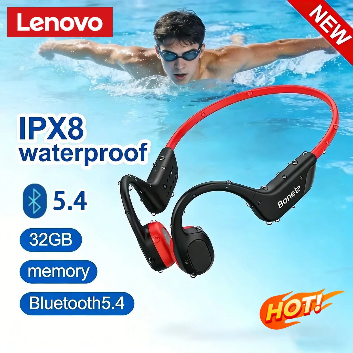 Lenovo Bone Conduction Headset Bluetooth 5.4 With Mic Waterproof Exercise Fitness Wireless Swimming Sports Headphone New 2026