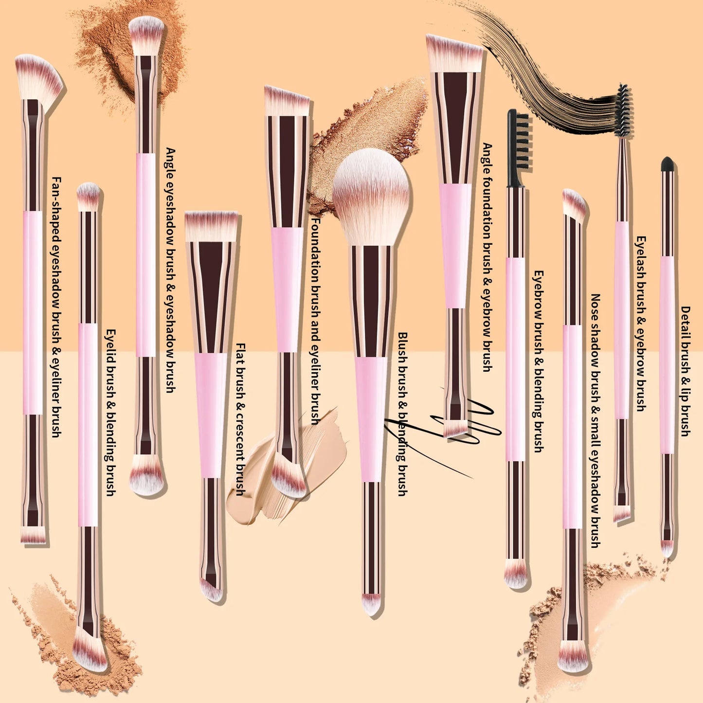 11 full set of eye makeup brushes, double-head design, eyeshadow brush, smudge brush, eyebrow brush, full set of beauty tools