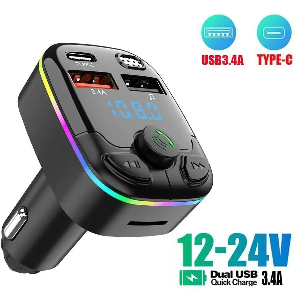 Car Charger Bluetooth 5.0 FM Transmitter Handsfree PD Type-C Dual USB Ambient Player MP3 Charger Type-C Wireless Light