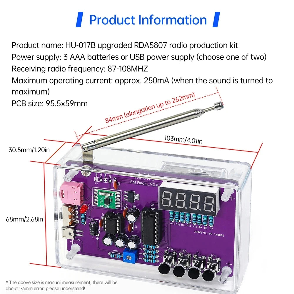 DIY FM Radio Electronic Kit 87-108MHz Adjustable Frequency Digital Display Soldering Project Practice Solder RDA5807S