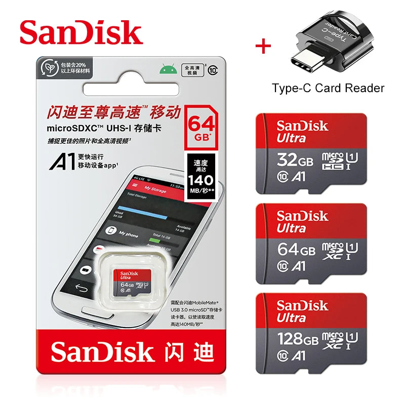 Original SanDisk A1 Memory Card 256GB 128GB 100MB/S 64GB 32GB Micro SD Card Class 10 UHS-1 Flash MicroSD TF + Type-C Card Reader