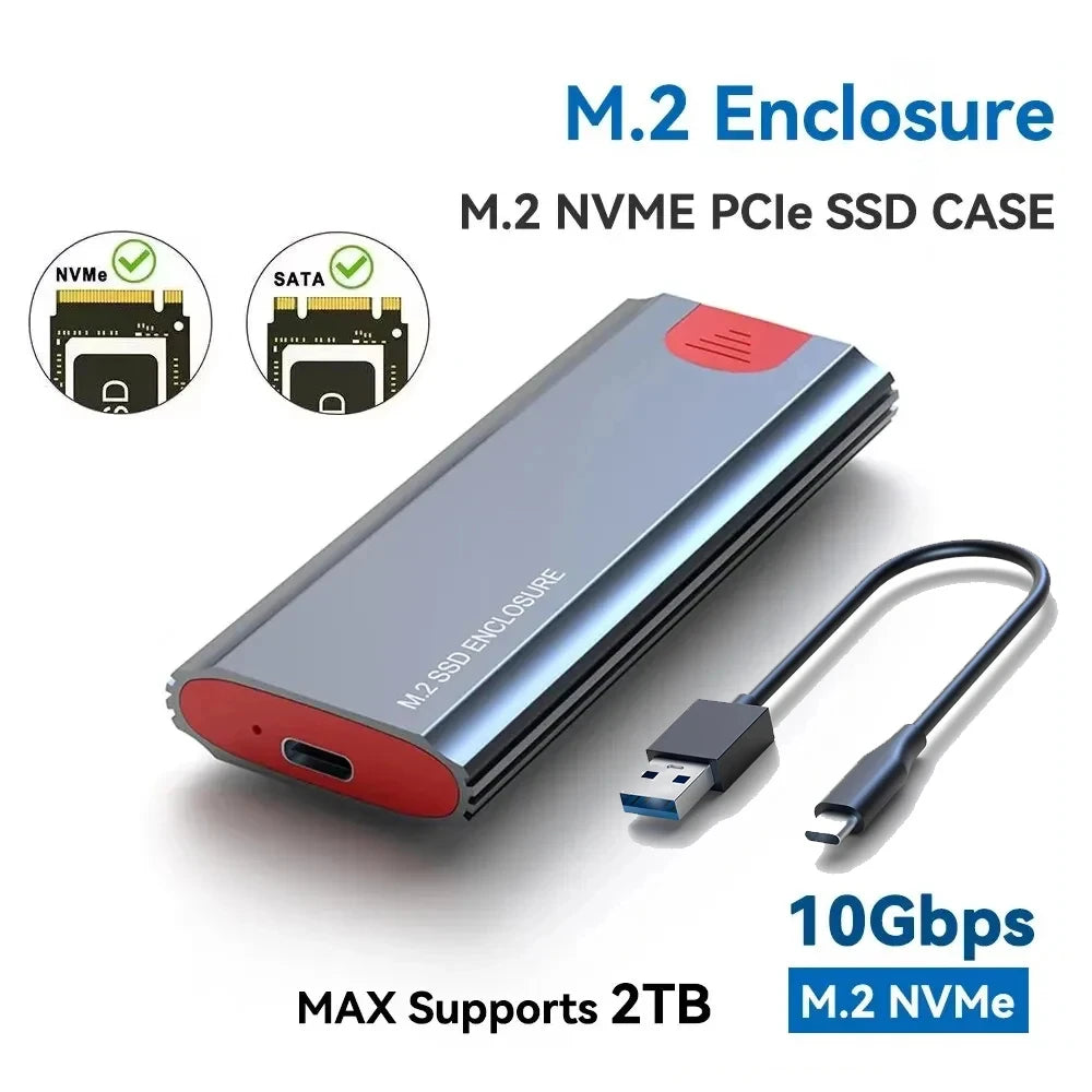 M2 NVMe SSD Enclosure 10Gbps PCIe SSD Case Portable Box USB C USB 3.1 Tool Free External Adapter with Heat Sink Pad for M.2 SSD
