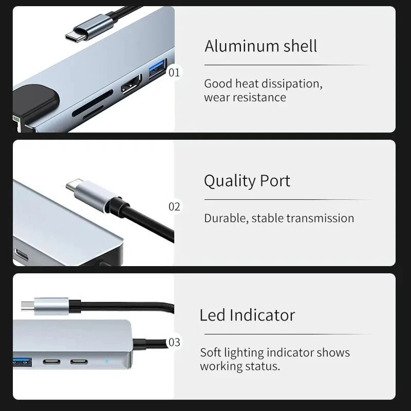 8 In1 Usb C Hub 3.0 Type C Splitter 4k Docking Station Laptop Adapter Pd Sd Tf For Macbook Air M1 Ipad Pro Rj45 Hdmi-Compatible