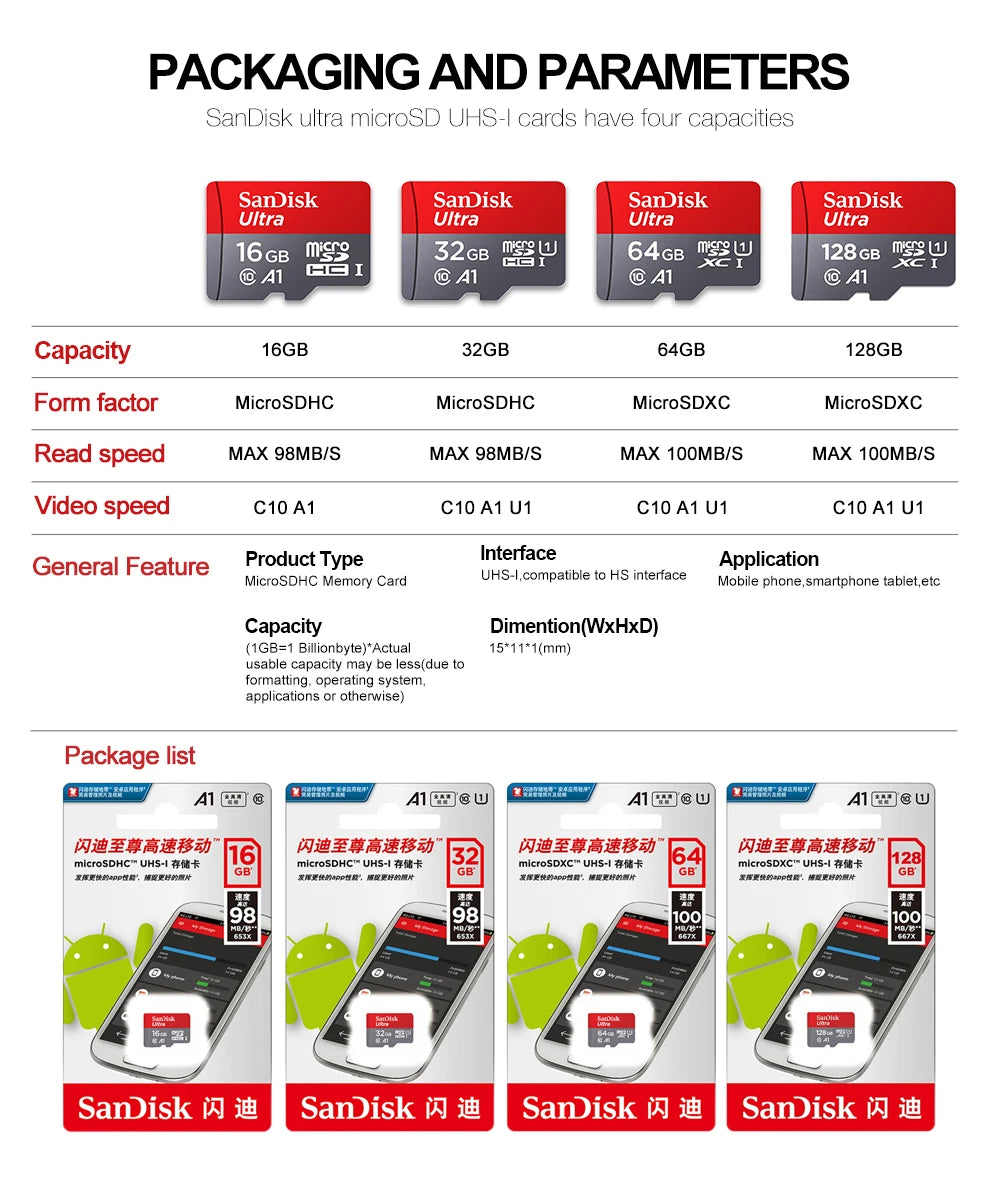 Sandisk Memory Card 256GB 128GB 64GB 32GB TF Micro SD Card Class 10 UHS-1 Flash Card Memory for Smartphone PC+Card Reader