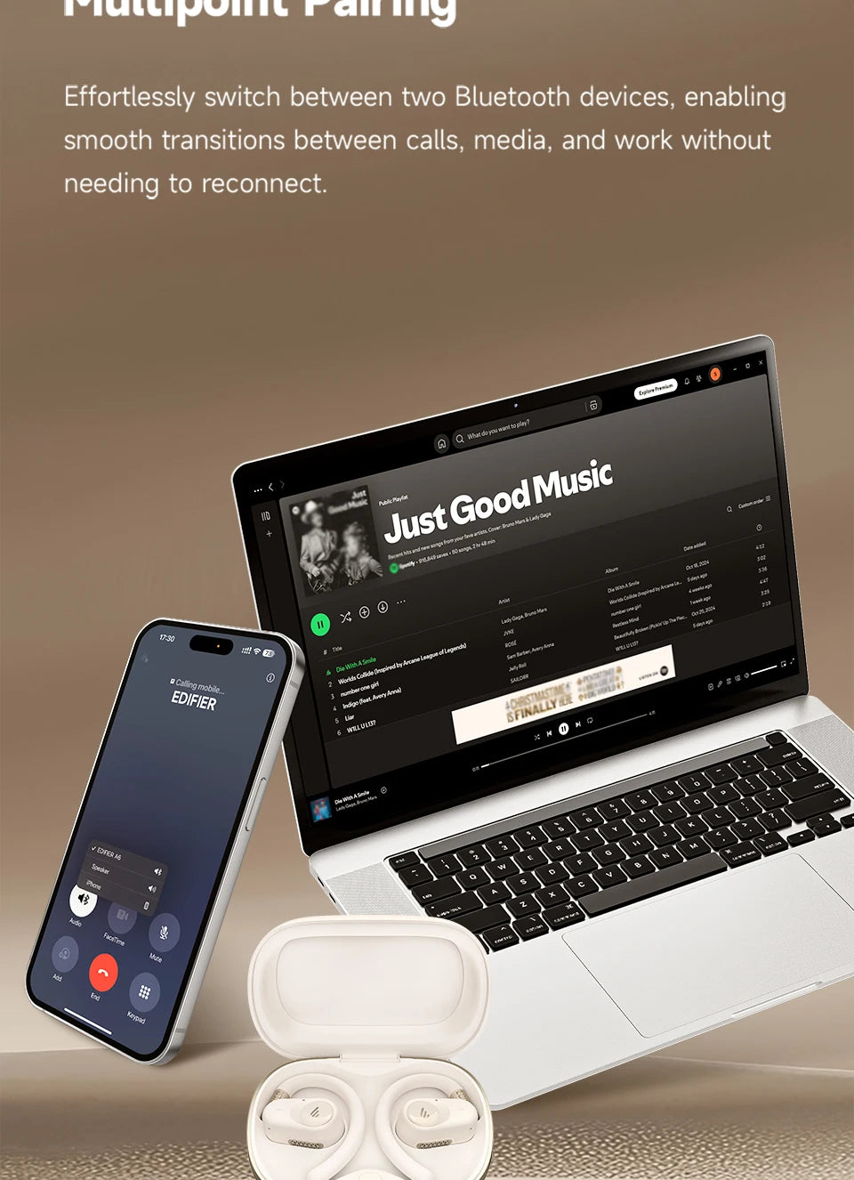 Edifier A6 Open Ear Bluetooth Earphones Ear Hook Headphones Hi-Res Wireless Audio IP55 Waterproof 40hrs Playtime LDAC Codec
