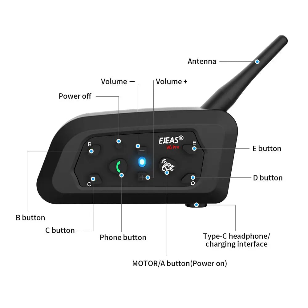 EJEAS V6 PRO +/PLUS Bluetooth Motorcycle Helmet Intercom Headset with 800M BT Interphone Communicator for 6 Riders Waterproof