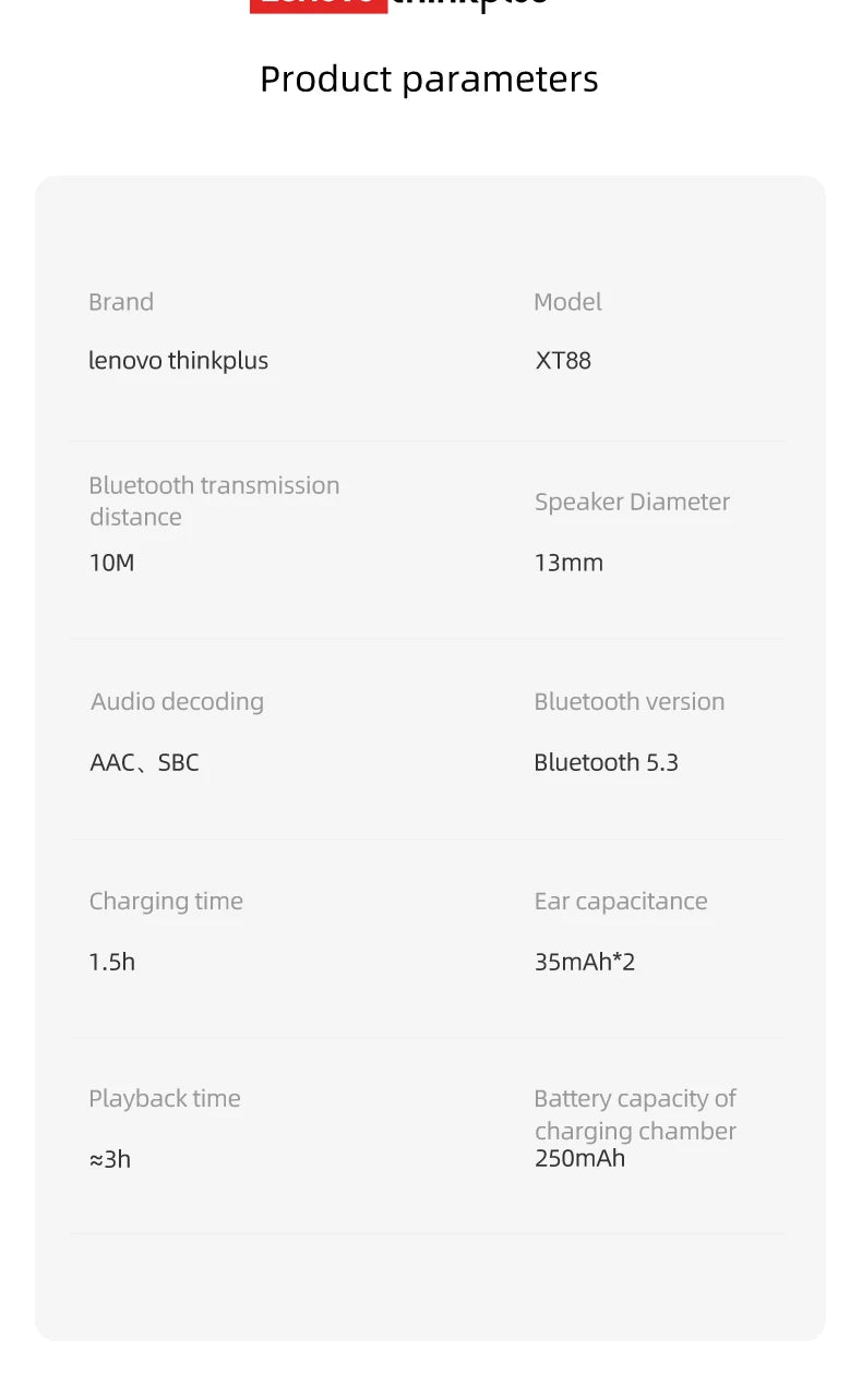 Lenovo Thinkplus XT88 in Ear Bluetooth Earphones with Dual Microphones, Stereo Noise Reduction, Bass HIFI Touch Earbuds