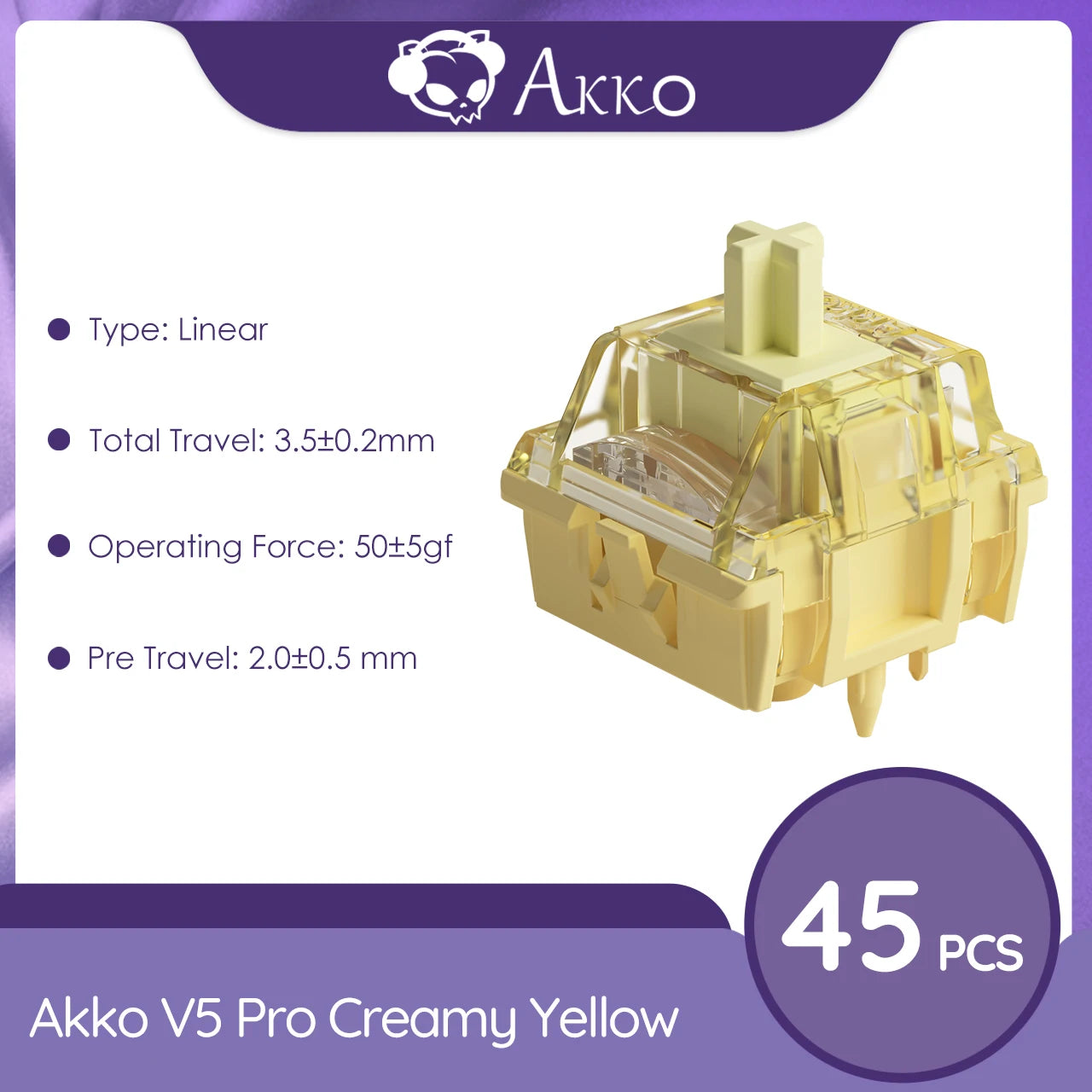 Akko V3/V5 Cream Yellow Pro Switch 5 Pin 50gf Linear With Stable Dustproof Stem For Mx Mechanical Keyboard (45 pcs)