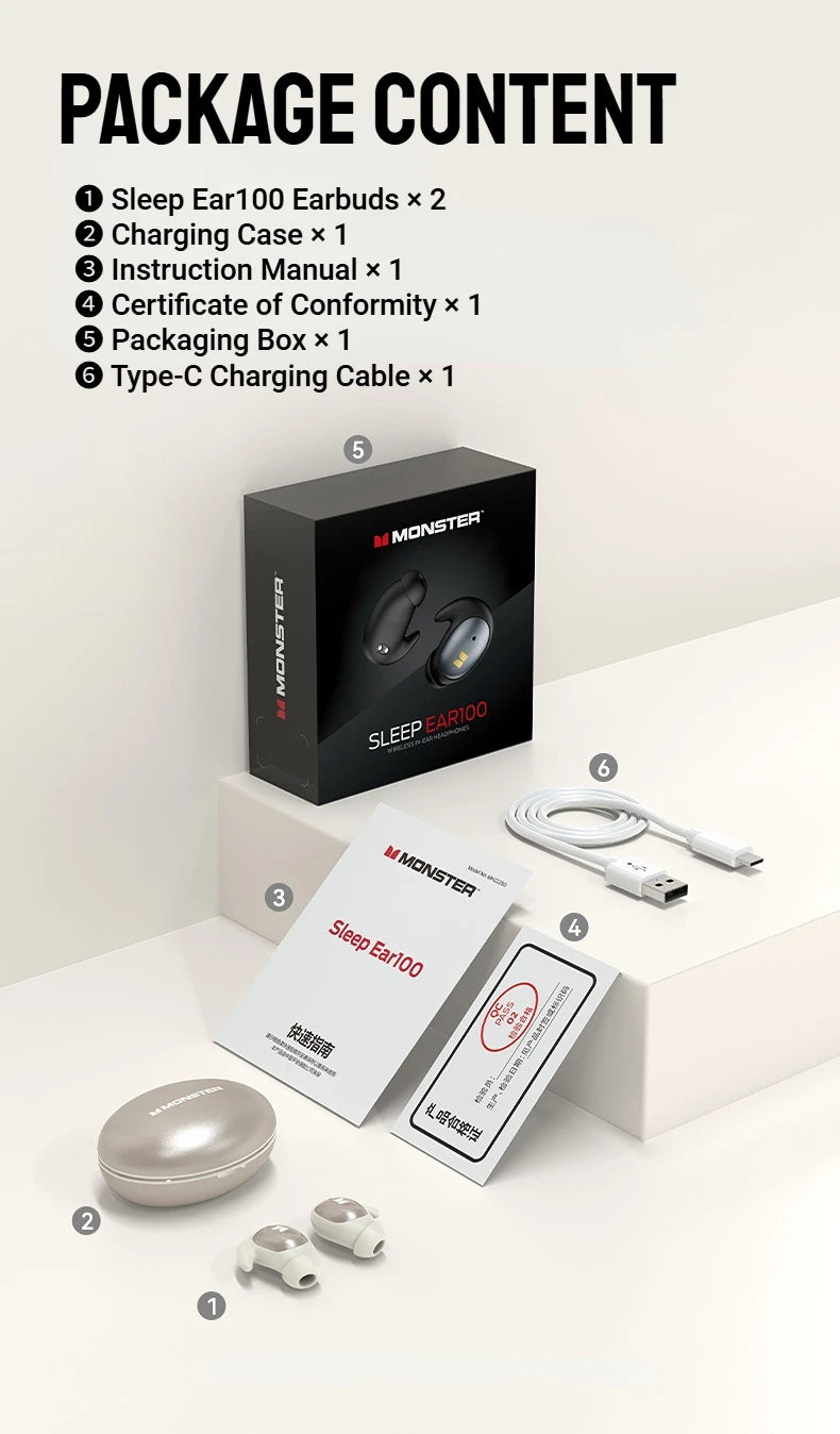 Monster Passive Noise Canceling Sleep Earphone Bluetooth 6.0 Sleep Earbuds for Side Sleepers Hifi Stereo TWS Wireless Headphone