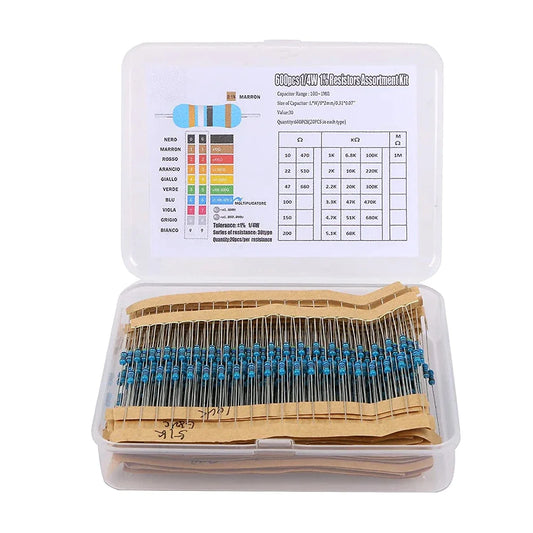 600PCS 1/4W metal film resistor pack accuracy 1% 10R-1M resistance values 30 types, 20 sample packs each