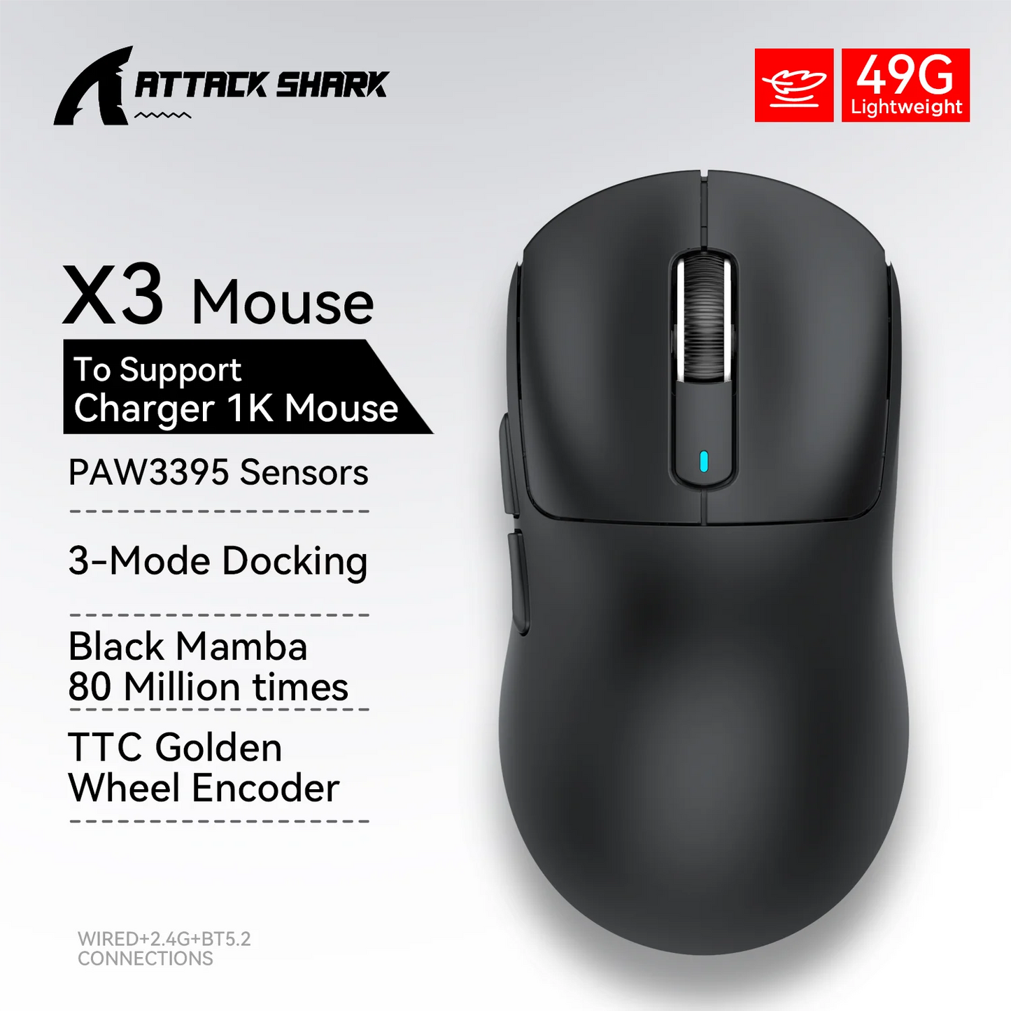 X3 ATTACK SHARK X3Pro Bluetooth Gaming Mouse PAW3395 Sensor TTC Encoder Black Mamba Switch and 1K/4K Hz for Wireless Mouse