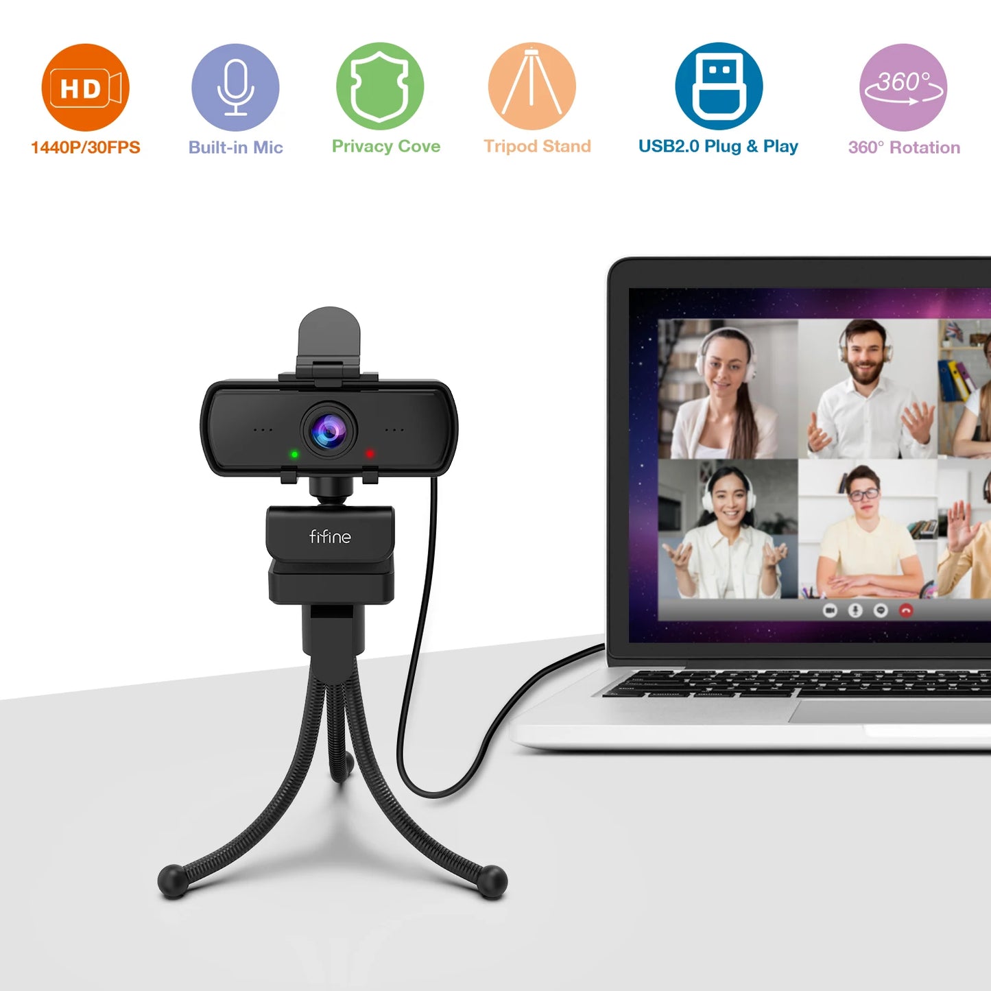 FIFINE 1440p Full HD PC Webcam with Microphone, Tripod, for USB Desktop & Laptop, Live Streaming Webcam for Video Calling - K420