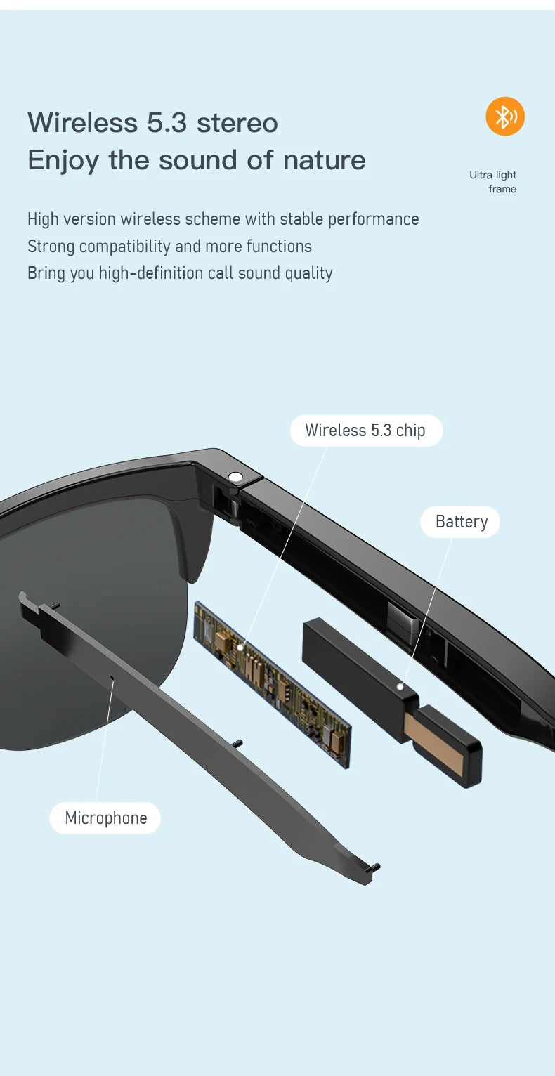 Smart Bluetooth V5.3 Sunglasses Glasses Call Outdoor Sports Headphones HIFI Black Technology Anti-touch UV For Men And Women