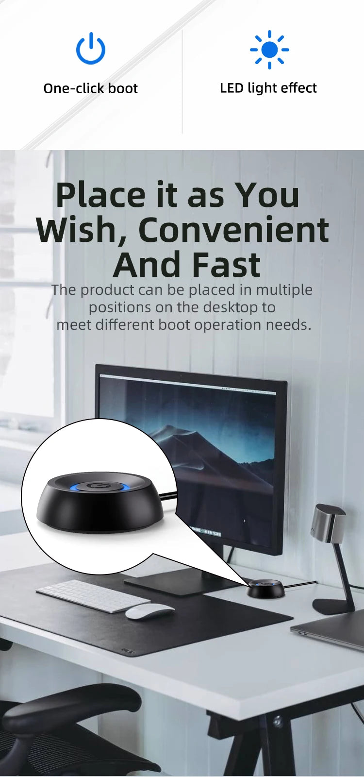 COOLCIRC Computer Desktop External Switch Blue LED Light PC Motherboard External Start Power On/Off Button For Home Office ﻿