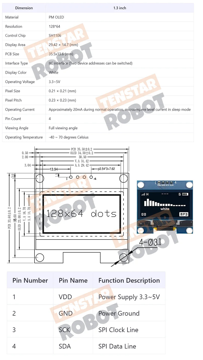 1.3" OLED Display Module White Blue Color Drive Chip SH1106 128X64 1.3 Inch LCD LED IIC I2C Communicate