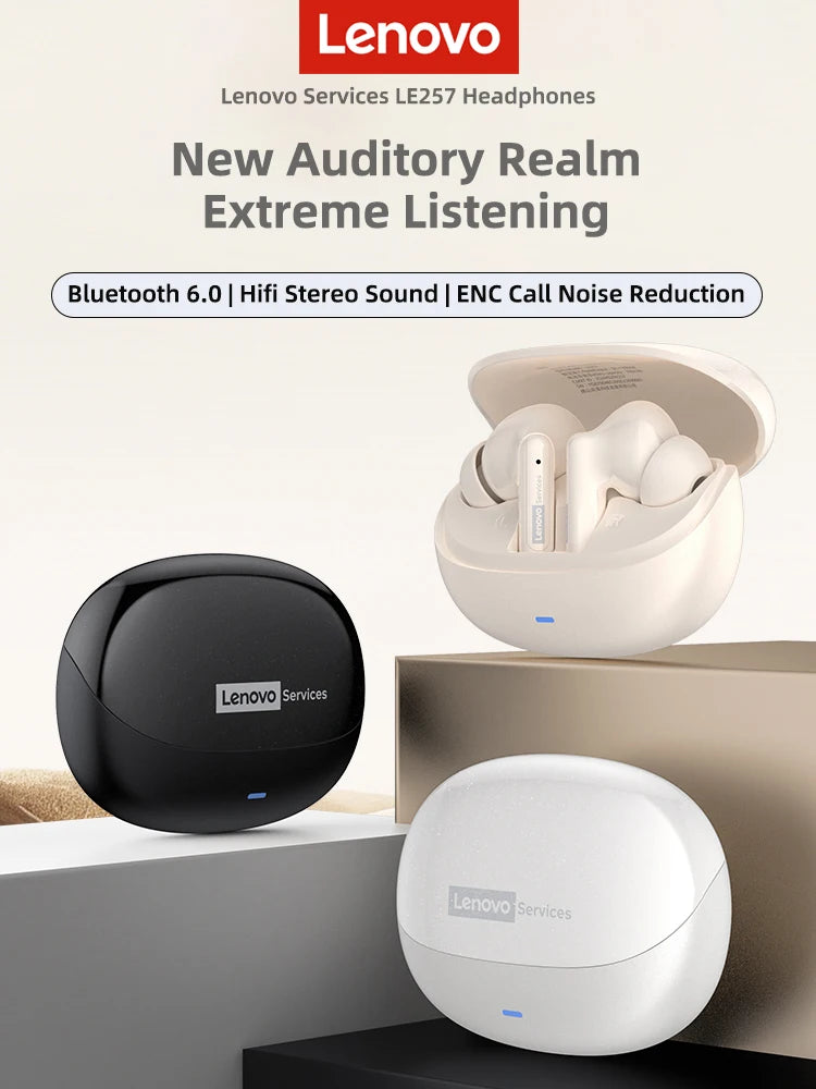  Lenovo LE257 TWS Wireless Bluetooth 6.0 Headphones HiFi Sound ENC Call Noise Reduction Earphone Gaming Sports Headset With Mic