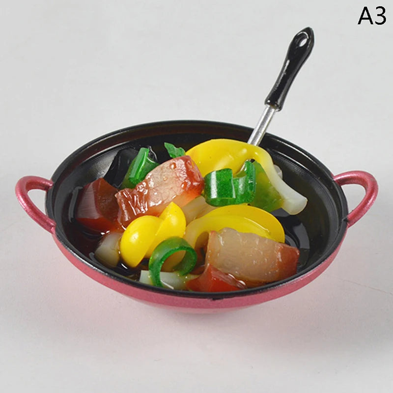 1/12 Dollhouse Miniature Accessories Mini Metal Cooking Pot with Food Simulation Kitchen Kitchenware Model Toy Doll House Decor