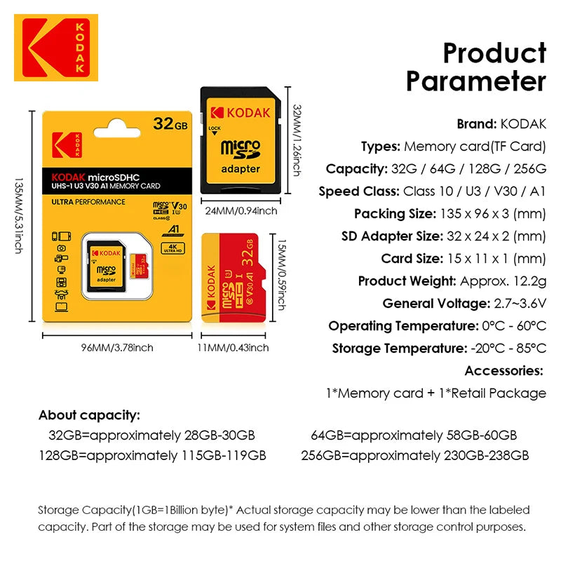 100% Original Kodak Red Memory Card 128GB 64GB 32GB A1 Micro TF SD Card Class 10 UHS-1 TF Flash Card for Samrtphone/PC
