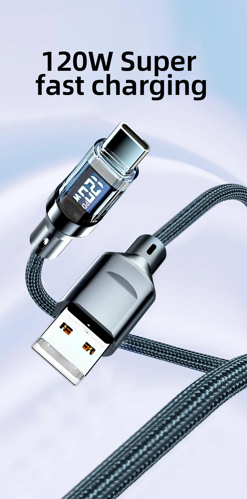 OOZCC LCD Watt Display Cable, Max 120W Super Fast Charging USB Type C Cable Data Transfer, USB A to Lightning for IPhone14 Pro