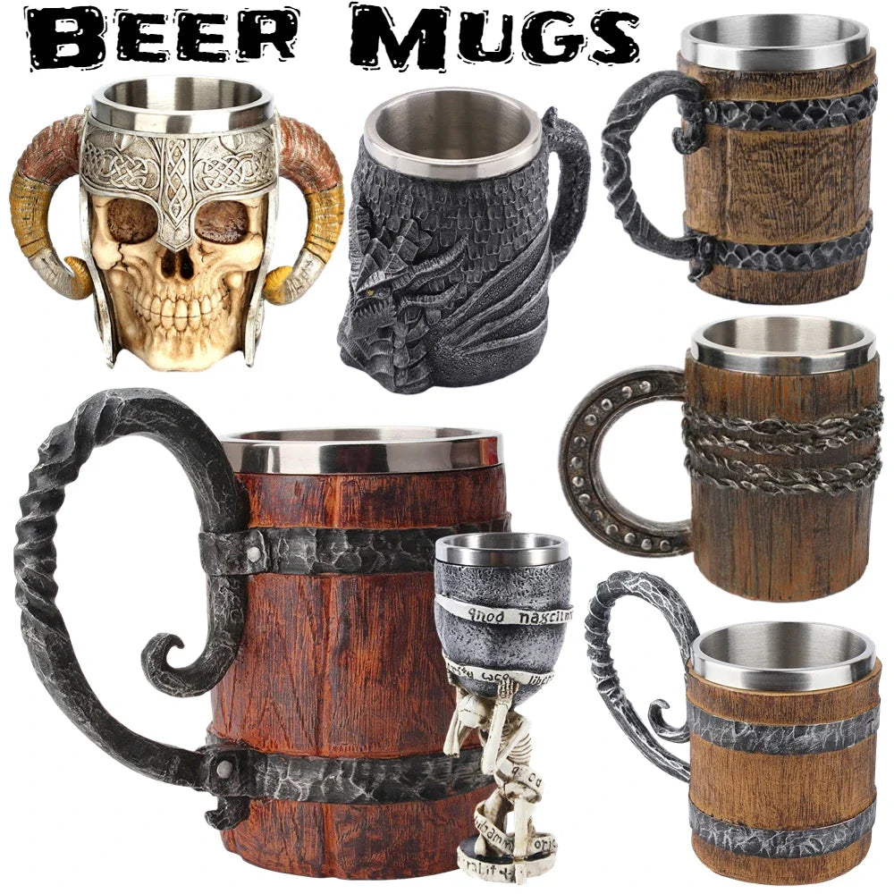 Wooden Barrel Beer Cup Stainless Steel Beer Mug Double Wall Drinking Cups Viking Style Vintage Coffee Mugs Kitchen Supplies